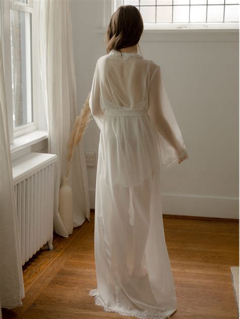 Lace Bridal Robe Floor Length Robe Ivory Chiffon Robe Etsy