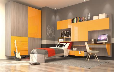 Modern Kid Bedroom With Wall Wardrobe Yellow And Elm Finish Idfdesign