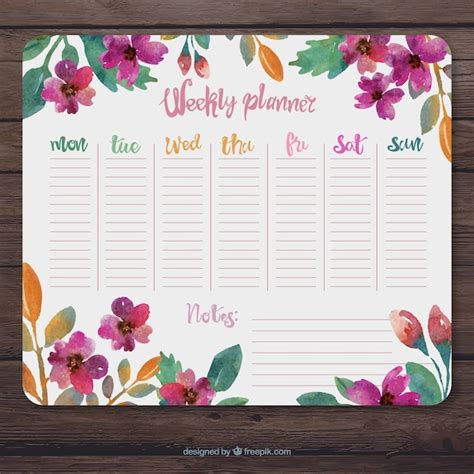 Floral Weekly Planner With Watercolors Vector Premium Download