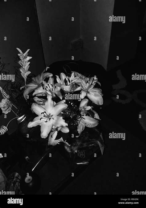 Birds Eye View Of A Flower Bouquet Displayed Inside In Black And White