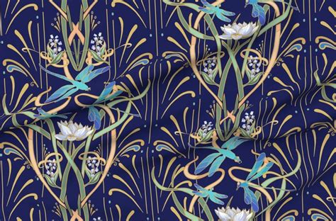 Art Nouveau Dragonflies Wallpaper Navy Fabric Dragonfly Wallpaper