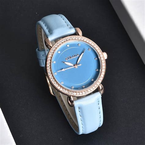 Buy Strada Simulated Diamond Japanese Movement Watch In Rosetone With Blue Faux Leather Strap 0