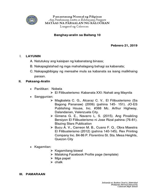 Banghay Aralin Sa El Fili Busterismo Kabanata 21 Nahati Ang Maynila Pdf