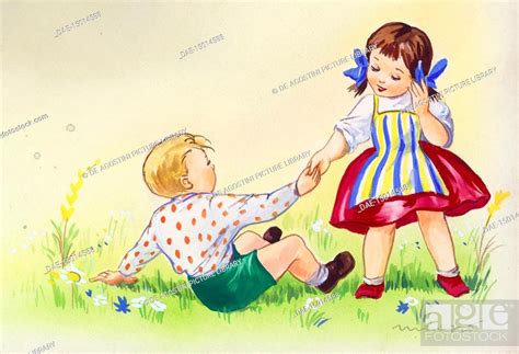 The Little Girl Helping The Boy To Get Up Childrens Illustration