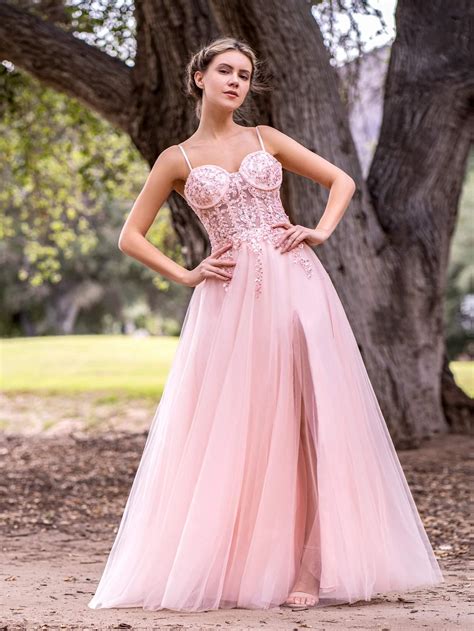 A Line Spaghetti Straps Lace Floor Length Tulle Prom Dress With Slit Kissprom
