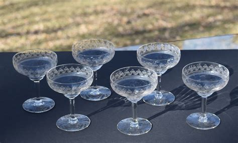 Vintage Needle Etched Cocktail Glasses Set Of 6 Circa 1920 S Antique Needle Etched Champagne
