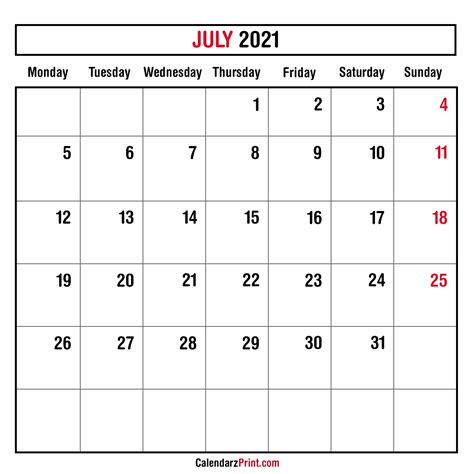 July 2021 Monthly Planner Calendar Printable Free Monday Start