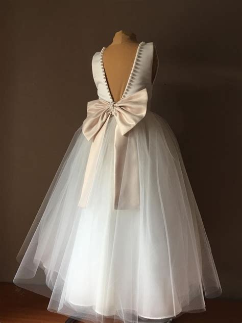 bella ivory satin tulle flower girl dress champagne bow dress etsy in 2020 flower girl