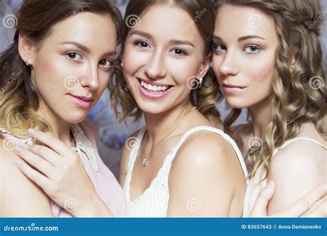 Three Beautiful Brunette Bride Women With Curly Hairstyle And Ne Stock Image Image Of Face