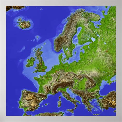 Europe Shaded Relief Map Poster Uk