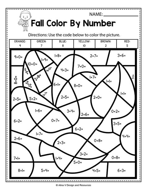 Fall Color By Number Addition Math Worksheets And Activ