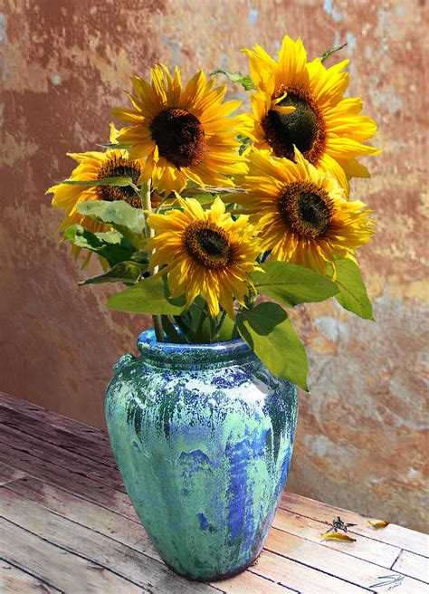 Free drawing of flowers in a vase. Sunflowers in Blue-Green Vase Digital Art by M Spadecaller