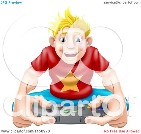 Cartoon Of A Happy Blond Gamer Guy Holding A Remote Royalty Free