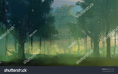 Dreamlike Woodland Scenery Witn Ancient Trees Stock Illustration