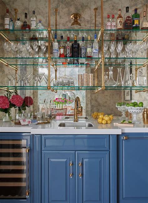 Glass And Brass French Wet Bar Shelves On Antiqued Mirrored Backsplash