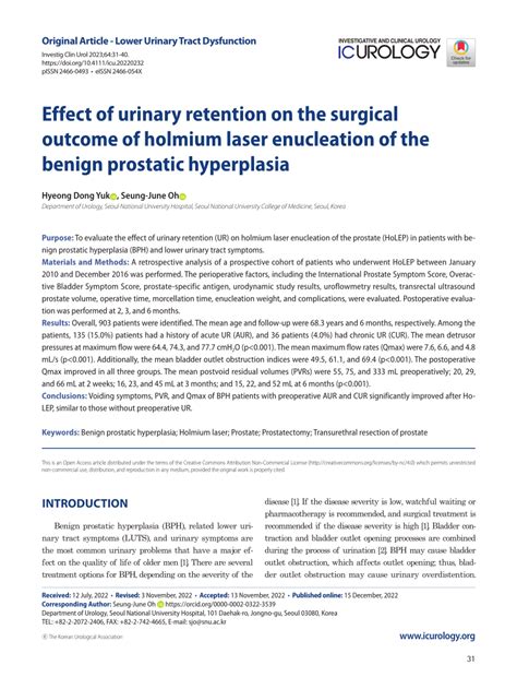 Pdf Effect Of Urinary Retention On The Surgical Outcome Of Holmium Laser Enucleation Of The