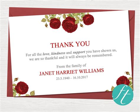 Funeral Thank You Card Red Rose Funeral Templates