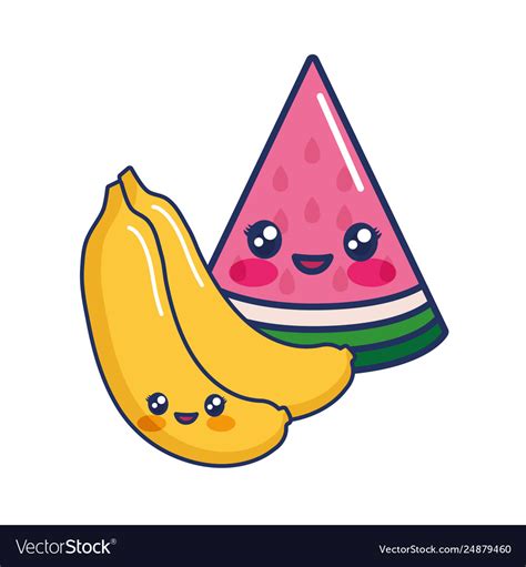 Kawaii Cartoon Watermelon And Bananas Friut Vector Image