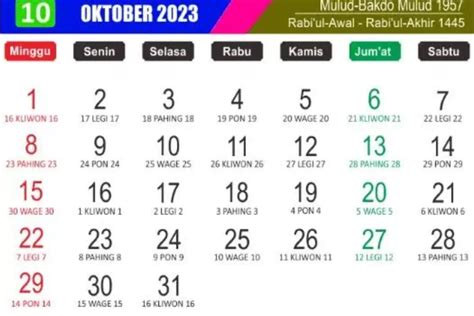 Kalender Jawa Oktober 2023 Lengkap Beserta Hari Libur Nasional Dan