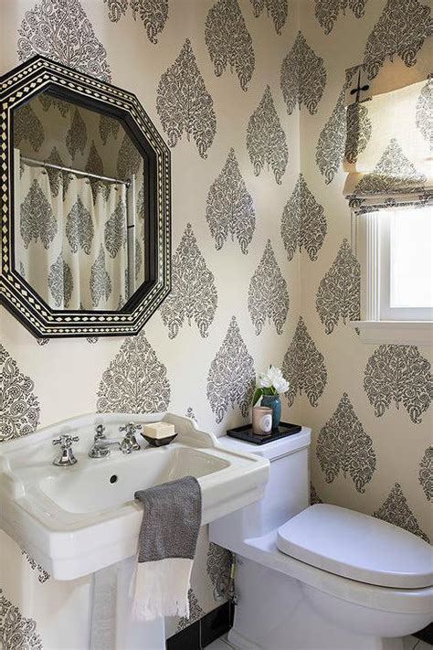 Ivory And Black Leaf Print Powder Room Wallpaper Transitional Bathroom