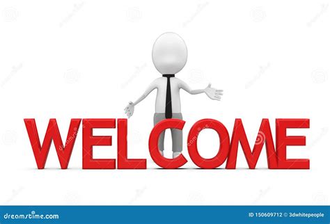 3d White Guy Welcoming Gesture With Welcome Text Stock Illustration