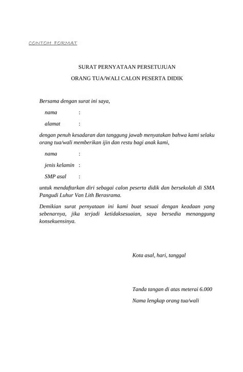 Pdf Surat Pernyataan Persetujuan Orang Tuawali · Contoh Format