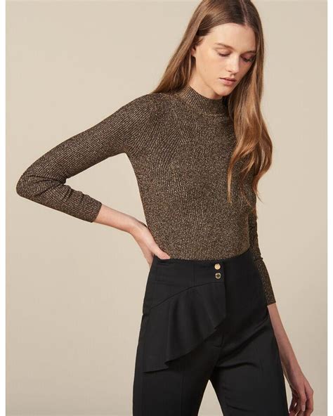 Sandro Synthetic Lurex Ribbed Knit Sweater In Gold Metallic Lyst