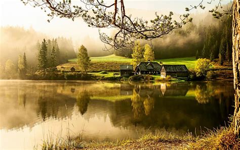 Wallpaper Country House Lake Morning Quiet Beautiful Scenery Mood
