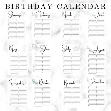 Printable Birthday Calendar Annual Events Botanical Etsy