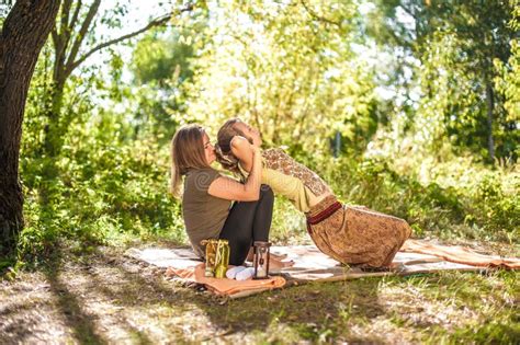 Master Massage Therapist Thuroughly Massages A Girl In Nature Stock Image Image Of Patient