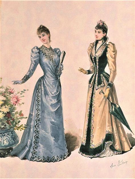 Two Women In Evening Gowns One With An Umbrella And The Other With Flowers