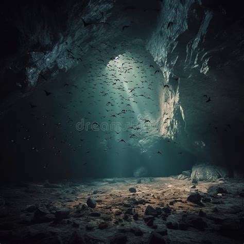 Scary Gloomy Karst Cave Deep Underground With Many Flying Bats Stock