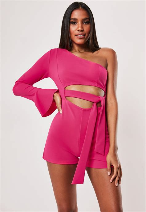 Pink One Shoulder Tie Cut Out Playsuit | Missguided Australia