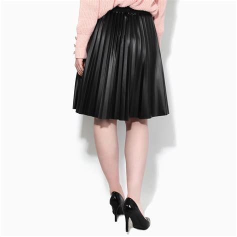 Womens Ladies Faux Leather Pleated Skirt Midi Knee Length High Waist