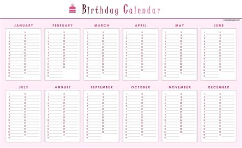 Printable Birthday Calendar Template Birthday Anniversary Reminder In
