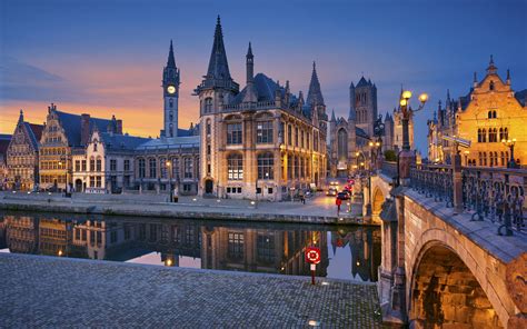 Ghent Flanders Belgium Night Lights Houses River Bridge Wallpaper