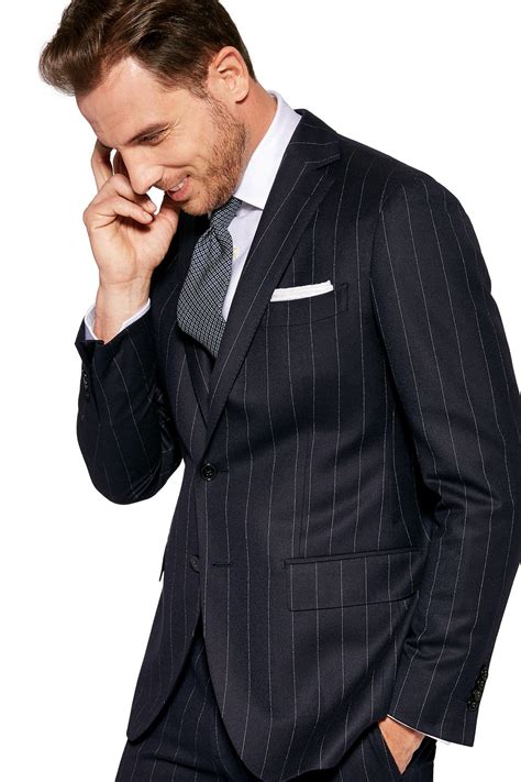 Wide Pinstripe Suit Super 130 Wool Made In Italy Navy Blue Small