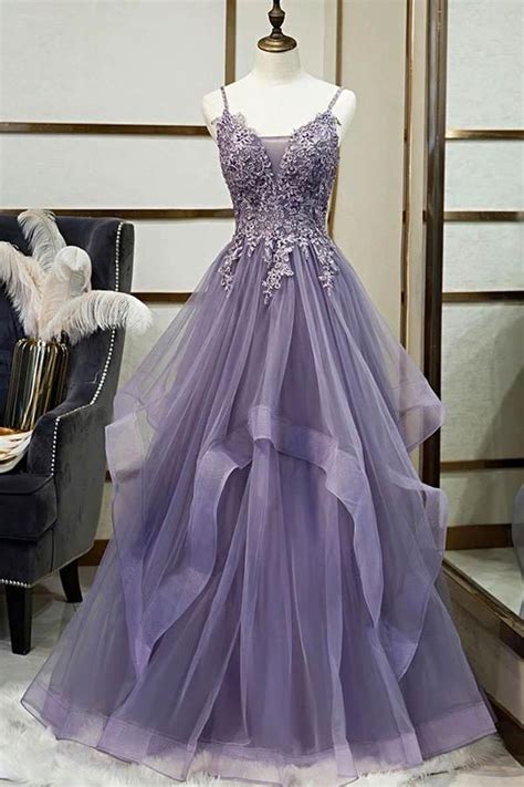 Unique Long Tulle Spaghetti Straps Layered Prom Dress With Lace
