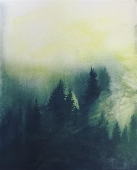 Forest Watercolor Forest Painting Misty Pine Forest Pine Etsy