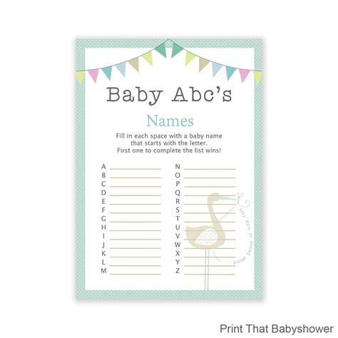 Baby Shower Games Baby Name Abc Game Blue Stork Baby