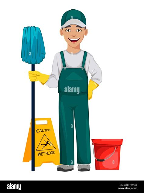 Cleaner Man Cartoon Character Cleaning Floor Cleaning Service Concept