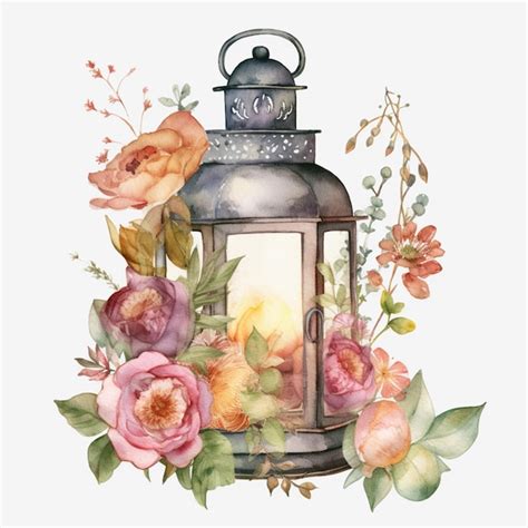 Uma Ilustração Em Aquarela De Uma Lanterna Com Flores E Rosas Foto
