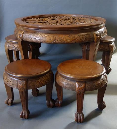 Chinese Tea Table With Stools Decoration Cloth