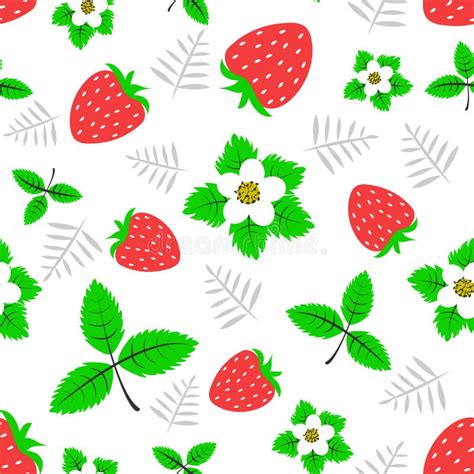Seamless Pattern With Berries Flowers And Strawberry Leaves On White