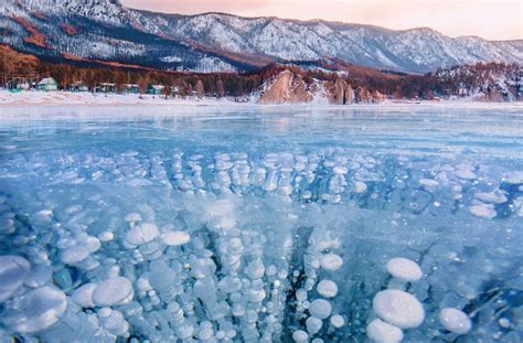 Methane Bubbles Frozen In Place In Lake Baikal Russia The Ice