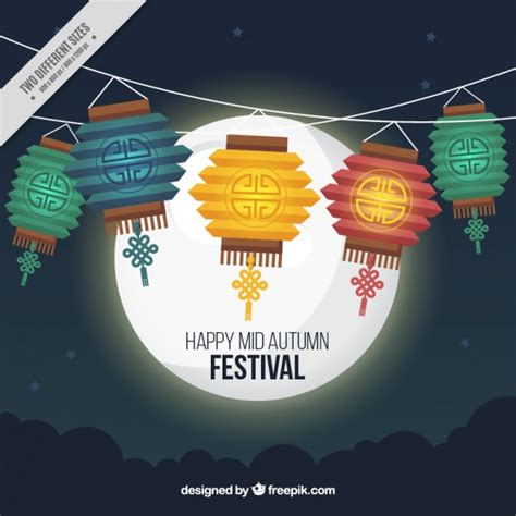 Happy Mid Autumn Festival With Lanterns And Moon Free Vector
