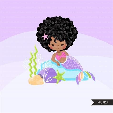 Afro Black Mermaid Clipart Dark Skin Black Pastel Mermaid Graphics