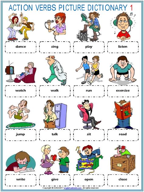 Action Verbs Vocabulary Esl Picture Dictionary Worksheets For Kids