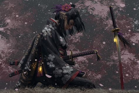 Wallpaper Fantasy Asian Girl Samurai Uniform Sakura Blossom Katana