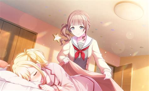2girls bed blonde hair blue eyes blush brown hair colorful palette mochizuki honami pajamas